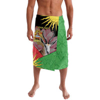 Personalized African print lavalava sarong with black waistband, green body, text panel