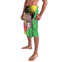 Multicolor African print lavalava sarong, green panels and yellow headband-style trim