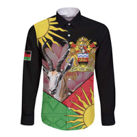 Black long-sleeve button shirt with colorful crest and geometric African-style graphic front