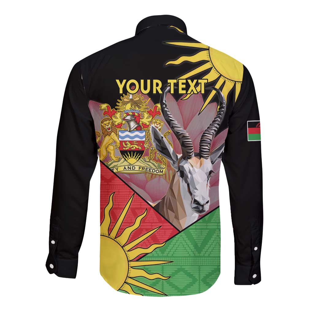 Black long-sleeve button shirt, back shows YOUR TEXT over crest graphic