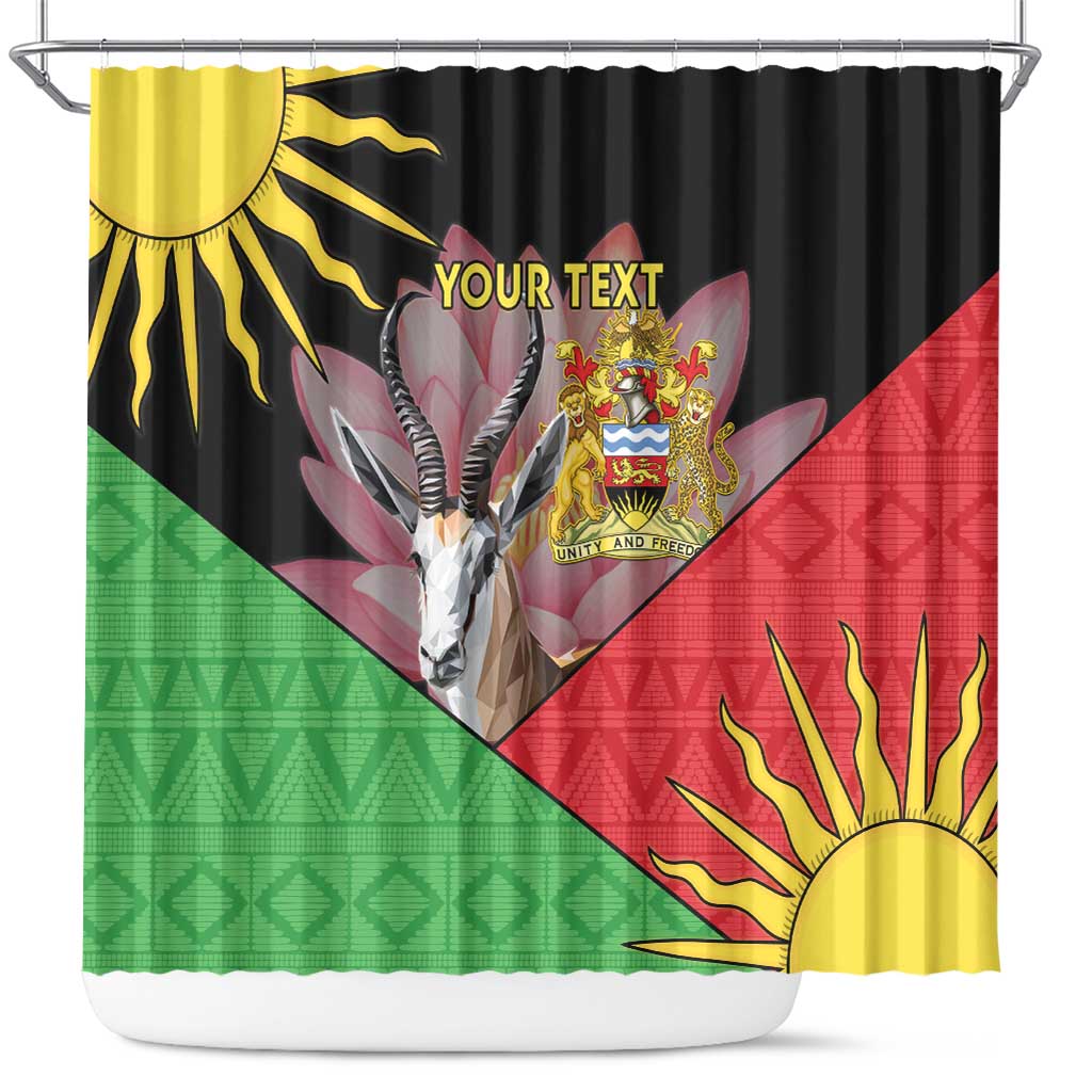 Personalised shower curtain with black, red, green African gazelle sun pattern and custom text