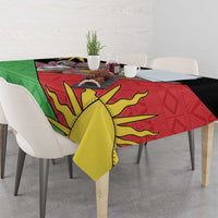 Personalised Malawi tablecloth draped on table, green and red flag graphic with yellow sun rays
