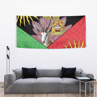 Personalised Malawi flag tapestry featuring sun rays, coat of arms, and diagonal color panels