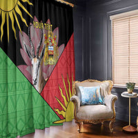 African patterned window curtains with black header, gazelle artwork, crest and flame motifs