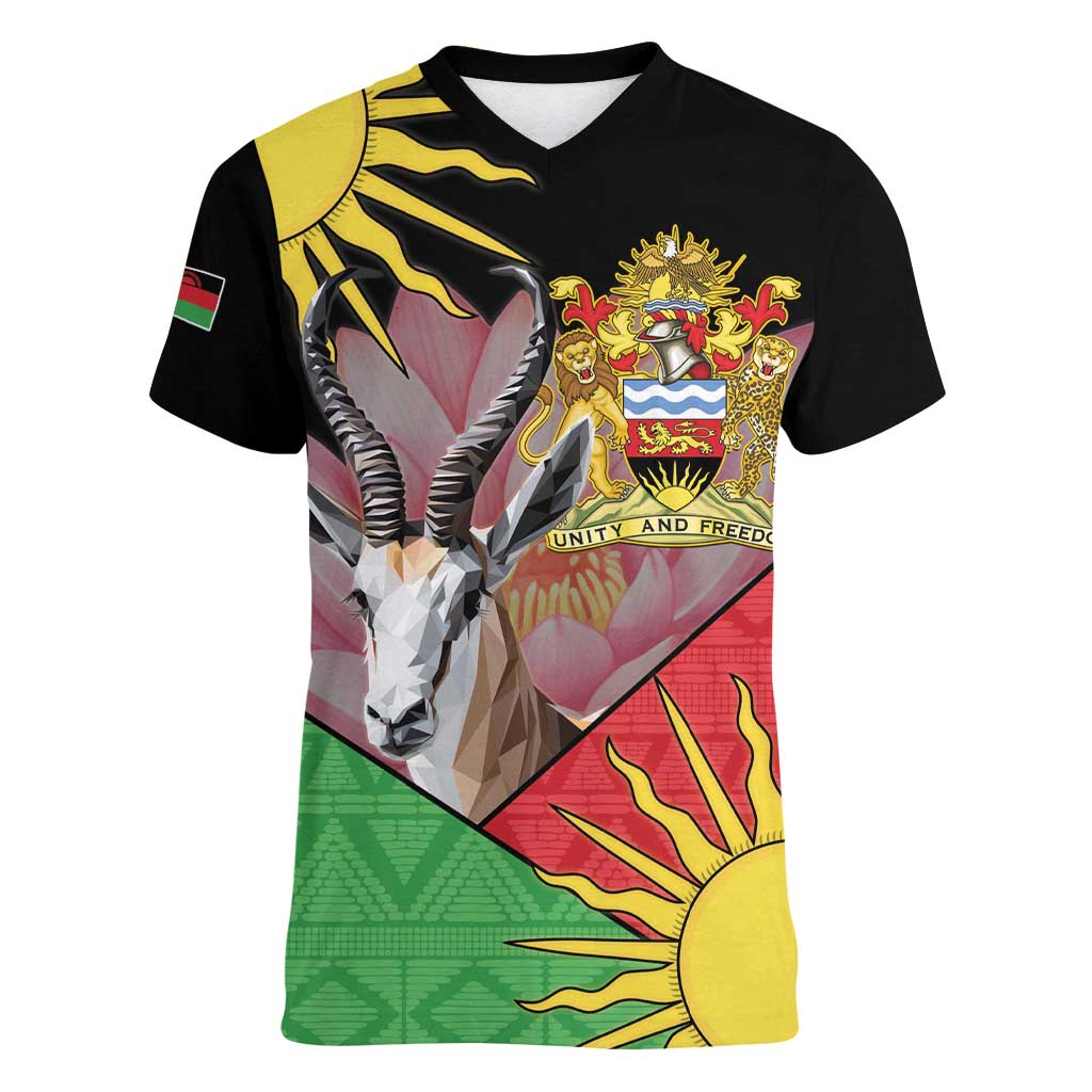 Personalised Malawi Thomsons Gazelle Women V-Neck T-Shirt Lotus - African Pattern - Wonder Print Shop