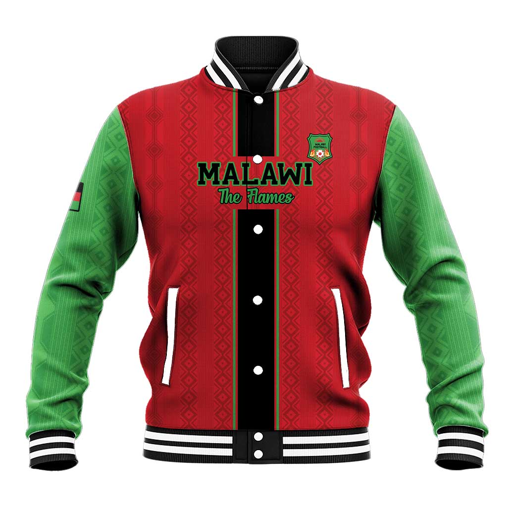 Red and green baseball jacket with black front stripe, snap buttons, Malawi Flames patch