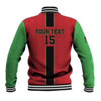 Red and green baseball jacket back with 'YOUR TEXT' and '15', black center stripe