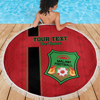Red round beach blanket with fringe, Malawi Football emblem and 'YOUR TEXT' print