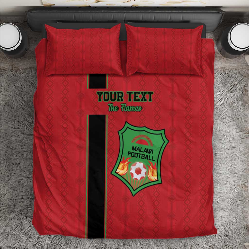 Red football bedding set with duvet, two pillows, black stripe, Malawi Football emblem.