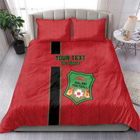 Red football duvet and pillows with black stripe and Malawi Football crest, 'YOUR TEXT'.