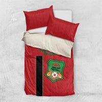 Red football duvet with black stripe and Malawi Football crest, two red pillow shams.