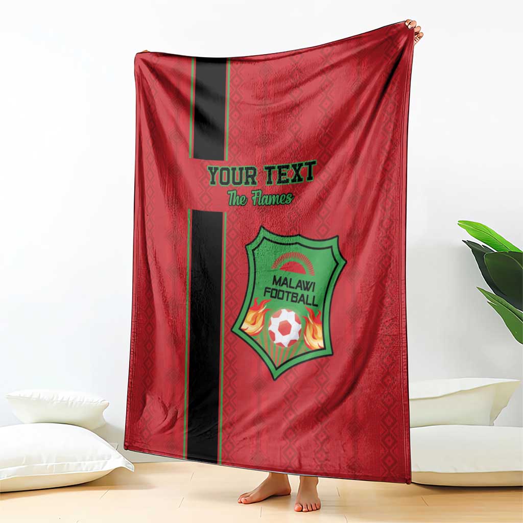 Red football blanket with black stripe and green Malawi crest logo, custom text center.