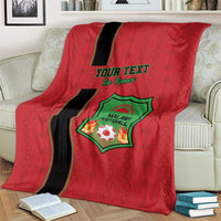 Red football blanket with black stripe, green Malawi crest logo and custom text.