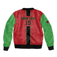 Unisex football bomber jacket, red back panel with 'YOUR TEXT 15', green sleeves, black trim