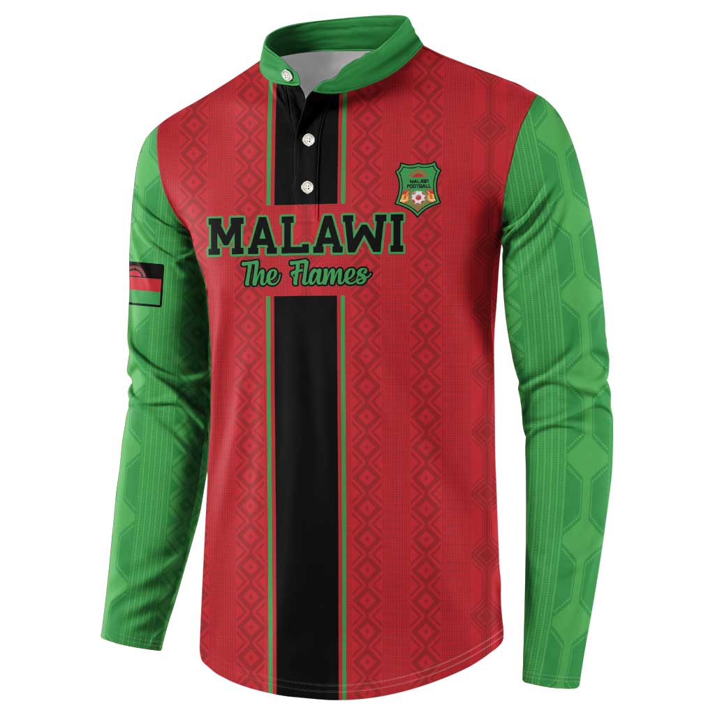 Red and green Malawi football sweatshirt with button placket and 'Malawi The Flames' print