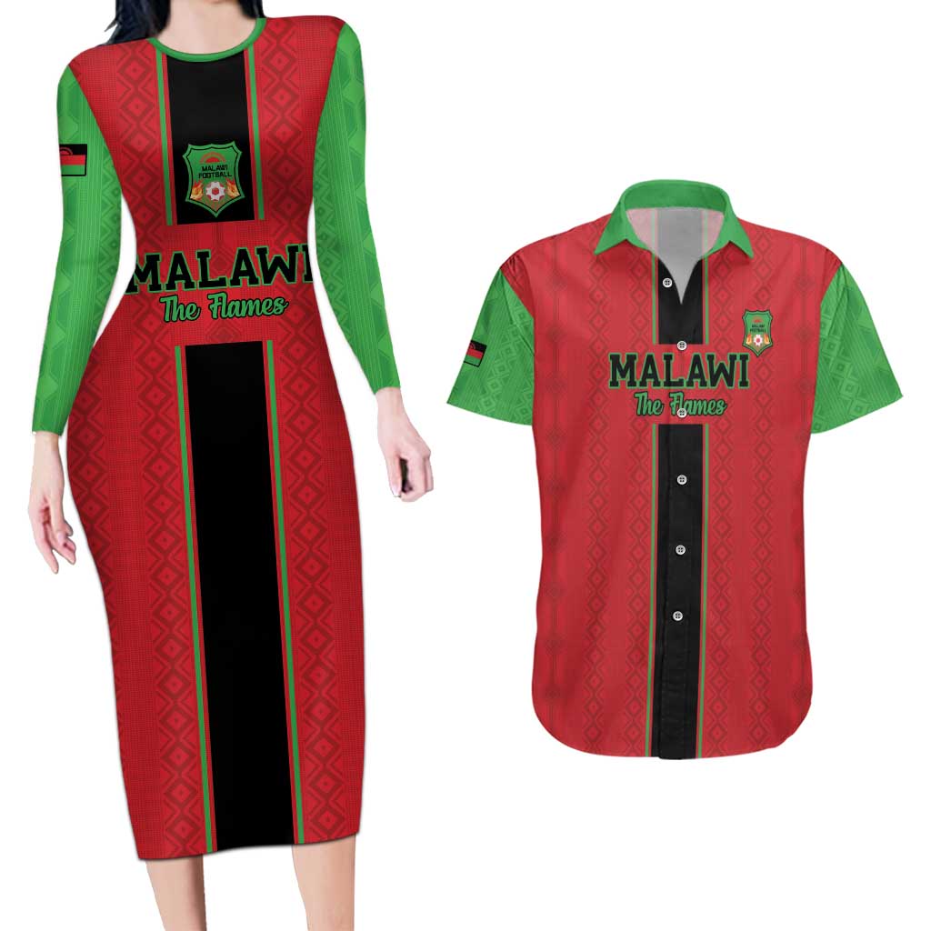 Custom Malawi Football Couples Matching Long Sleeve Bodycon Dress and Hawaiian Shirt Go Flames