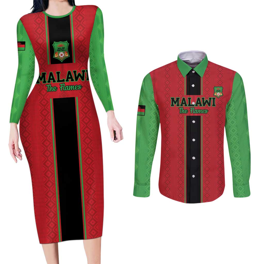 Custom Malawi Football Couples Matching Long Sleeve Bodycon Dress and Long Sleeve Button Shirt Go Flames