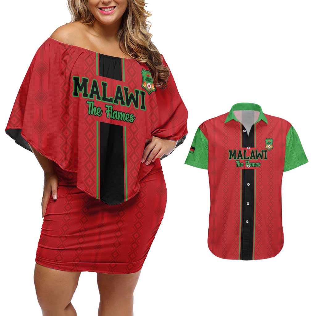 Custom Malawi Football Couples Matching Off Shoulder Short Dress and Hawaiian Shirt Go Flames