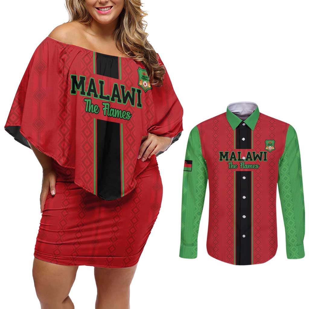 Custom Malawi Football Couples Matching Off Shoulder Short Dress and Long Sleeve Button Shirt Go Flames