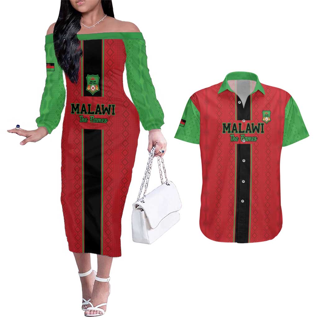 Custom Malawi Football Couples Matching Off The Shoulder Long Sleeve Dress and Hawaiian Shirt Go Flames