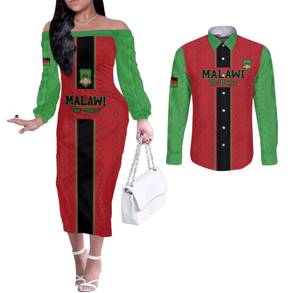 Custom Malawi Football Couples Matching Off The Shoulder Long Sleeve Dress and Long Sleeve Button Shirt Go Flames