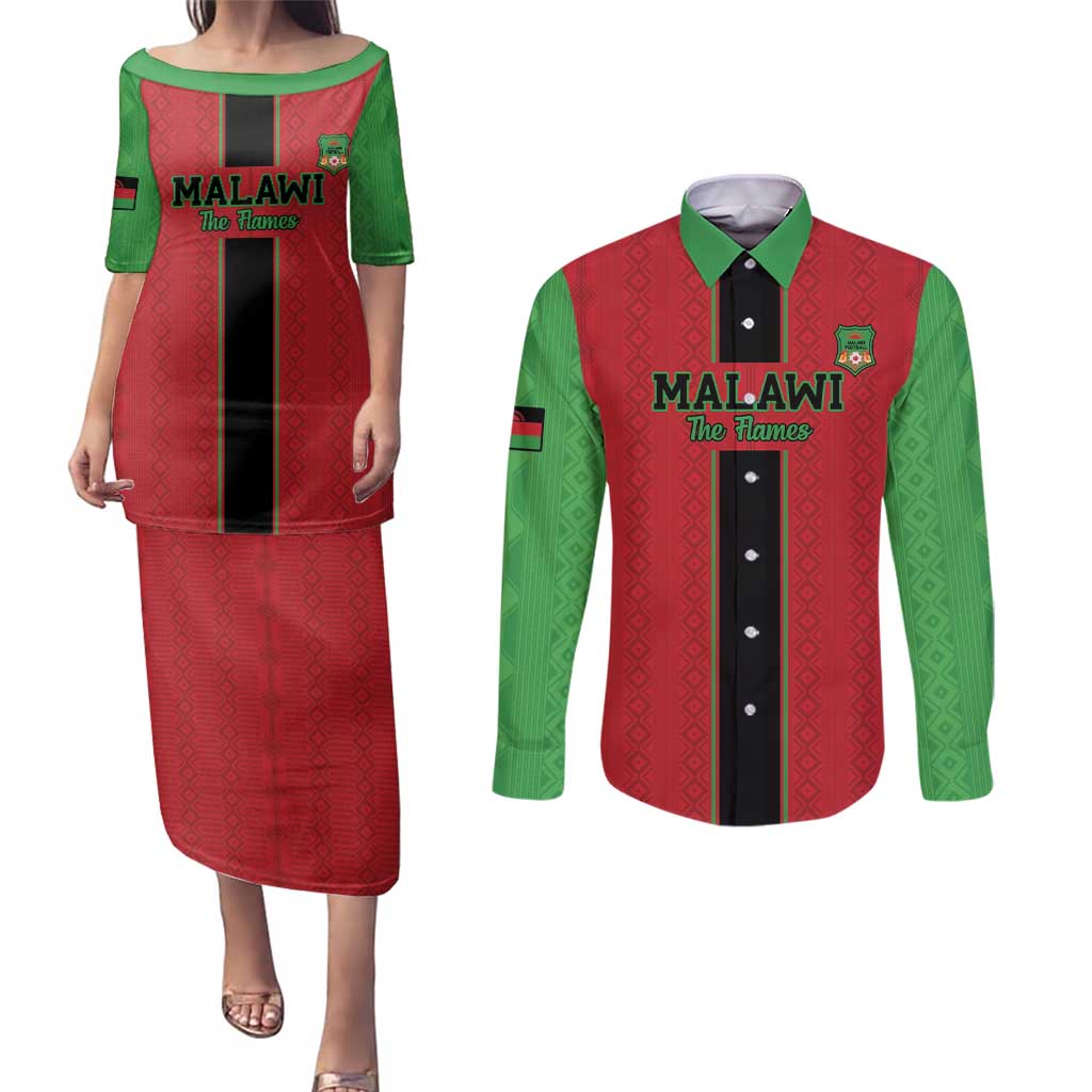 Custom Malawi Football Couples Matching Puletasi and Long Sleeve Button Shirt Go Flames