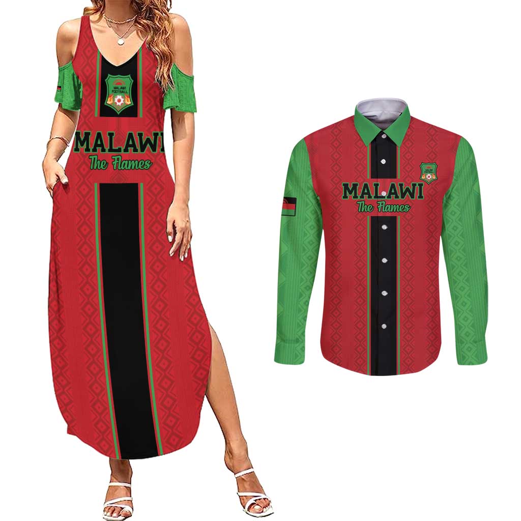 Custom Malawi Football Couples Matching Summer Maxi Dress and Long Sleeve Button Shirt Go Flames