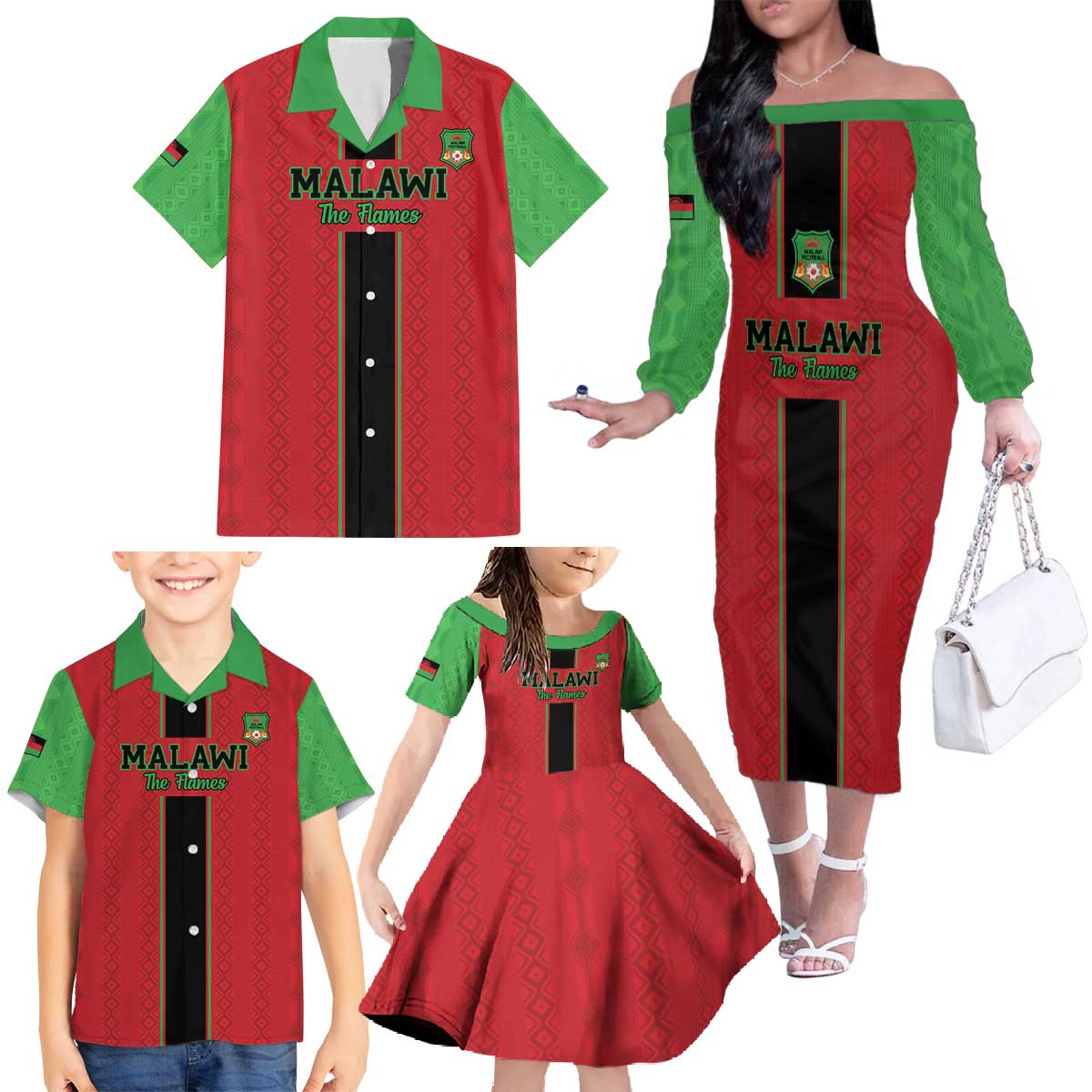 Custom Malawi Football Family Matching Off The Shoulder Long Sleeve Dress and Hawaiian Shirt Go Flames