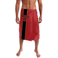 Red football lavalava with black side stripe and custom text, number 15 on front