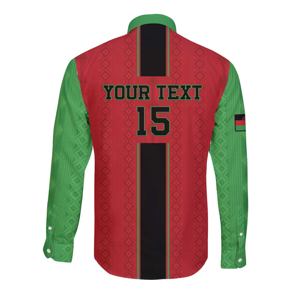 Back red long-sleeve button football shirt, green sleeves, black stripe, “YOUR TEXT” 15
