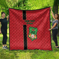 Red Malawi football quilt fully spread outdoors, black stripe, custom text and Flames graphic