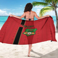 Red Malawi football sarong with black stripe and centered crest with custom text
