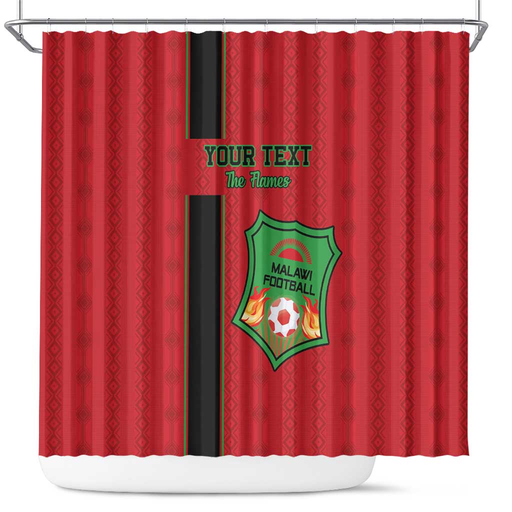 Red shower curtain with black center stripe, Malawi Football emblem and 'YOUR TEXT The Flames'