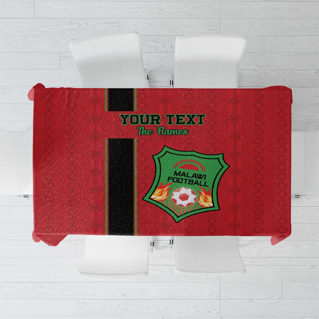 Red custom football tablecloth with Malawi crest and black-yellow flame stripe panels.