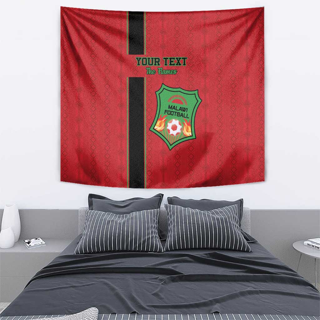Red Malawi football wall tapestry with black vertical stripe, green team crest and custom text