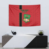 Red Malawi football tapestry with black stripe and green crest emblem, custom text at top