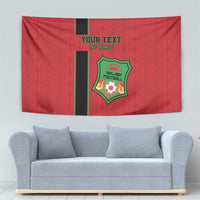 Red Malawi football tapestry featuring black vertical stripe, green crest, and custom headline