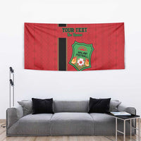 Red Malawi football wall tapestry with black stripe and green team crest, custom text above