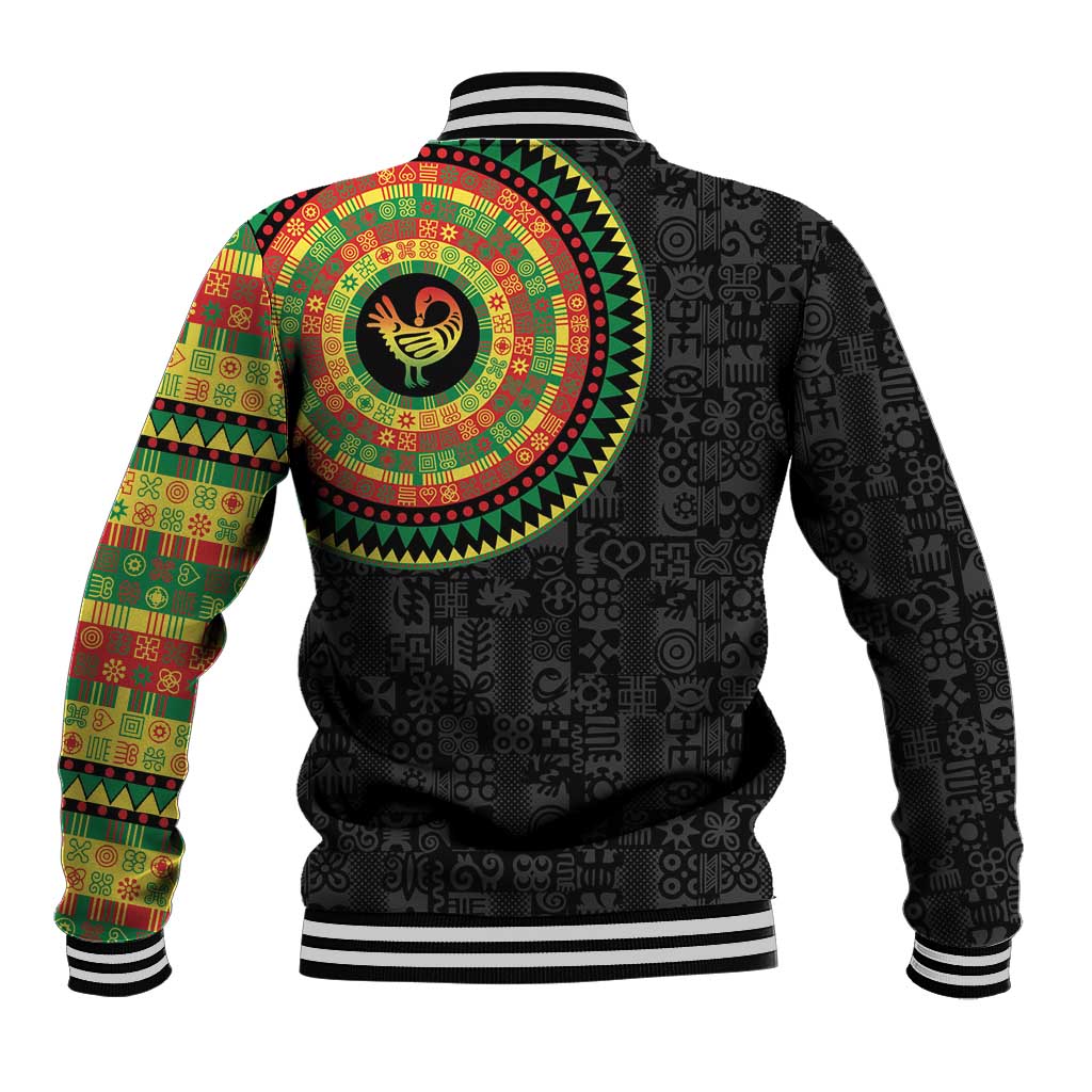 Black baseball jacket back with colorful circular bird emblem, patterned sleeves, striped ribbed cuffs