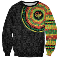 Unisex black sweatshirt, circular bird motif with multicolor Adinkra patterns