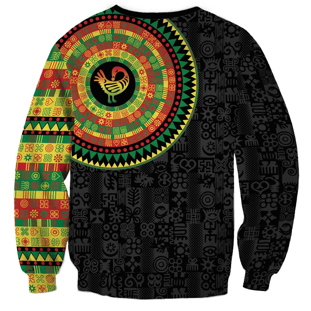 Unisex black sweatshirt with large circular bird emblem and colorful patterned sleeve panel