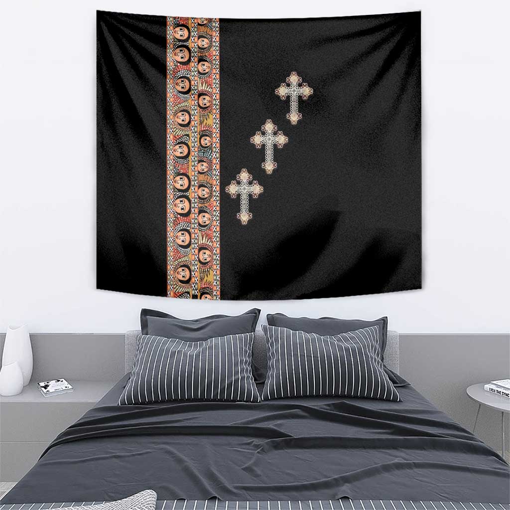 Black tapestry with left patterned stripe and four silver-tone cross motifs.