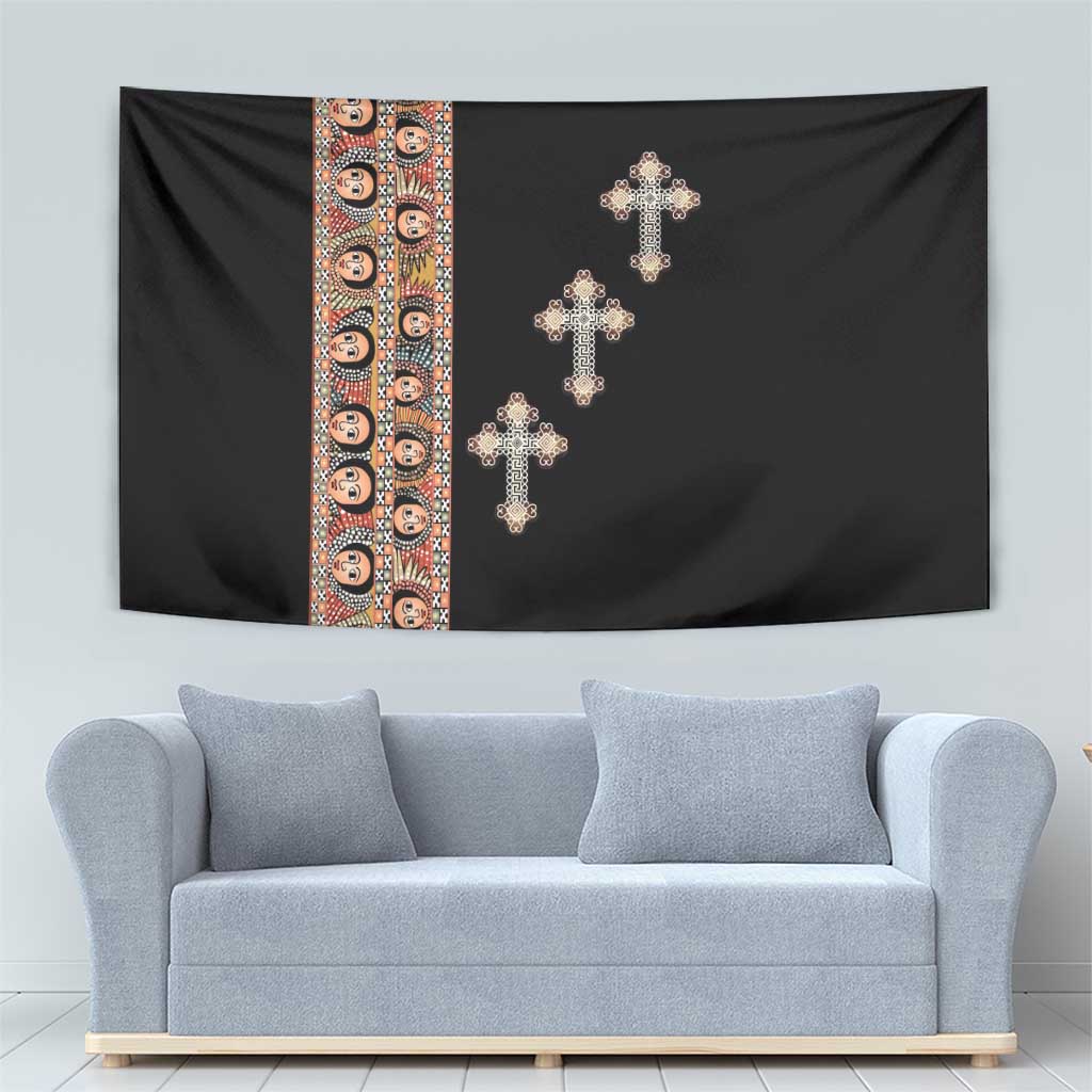 Black tapestry with patterned left strip and four silver-tone crosses.