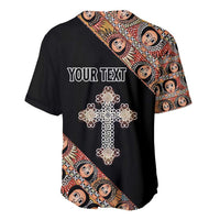 Black baseball jersey with custom text and ornate Ethiopian cross; angel face sleeve panel