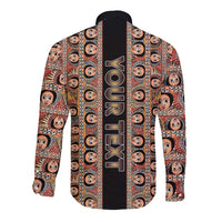 Long-sleeve button shirt with black back yoke, colorful face pattern, vertical text print