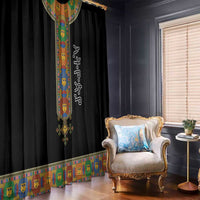 Black window curtain with colorful embroidered side panels and long patterned hem border