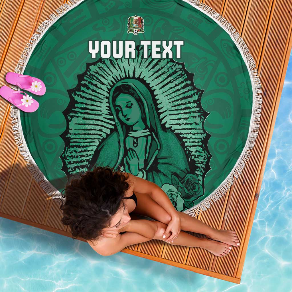 Green round beach blanket with fringed edge, Virgin Mary and football, custom text center