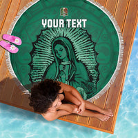 Green round beach blanket with fringed edge, Virgin Mary and football, custom text center