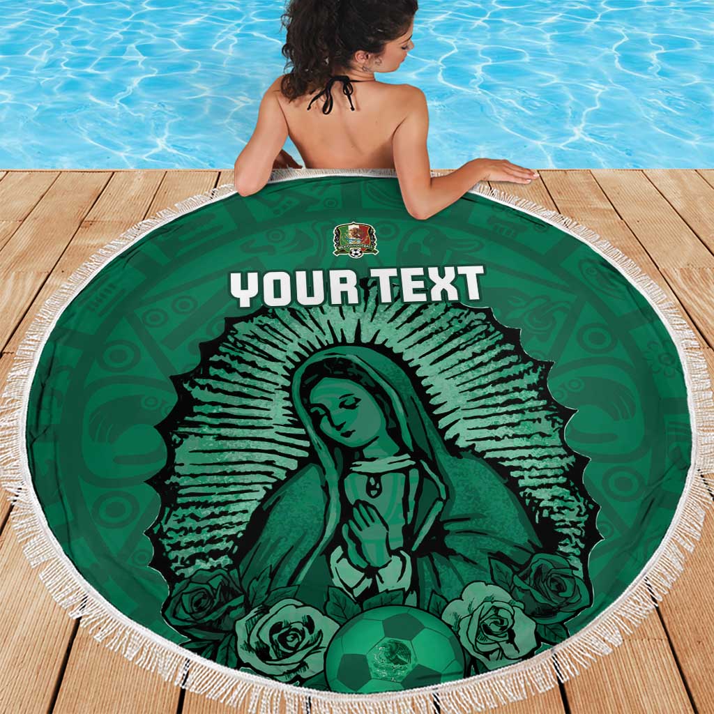 Green round beach blanket with tassel border, Virgin Mary holding hands, football icon, text
