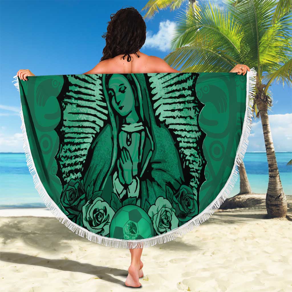 Green round beach blanket with tassel fringe, Virgin Mary illustration, football graphic, text